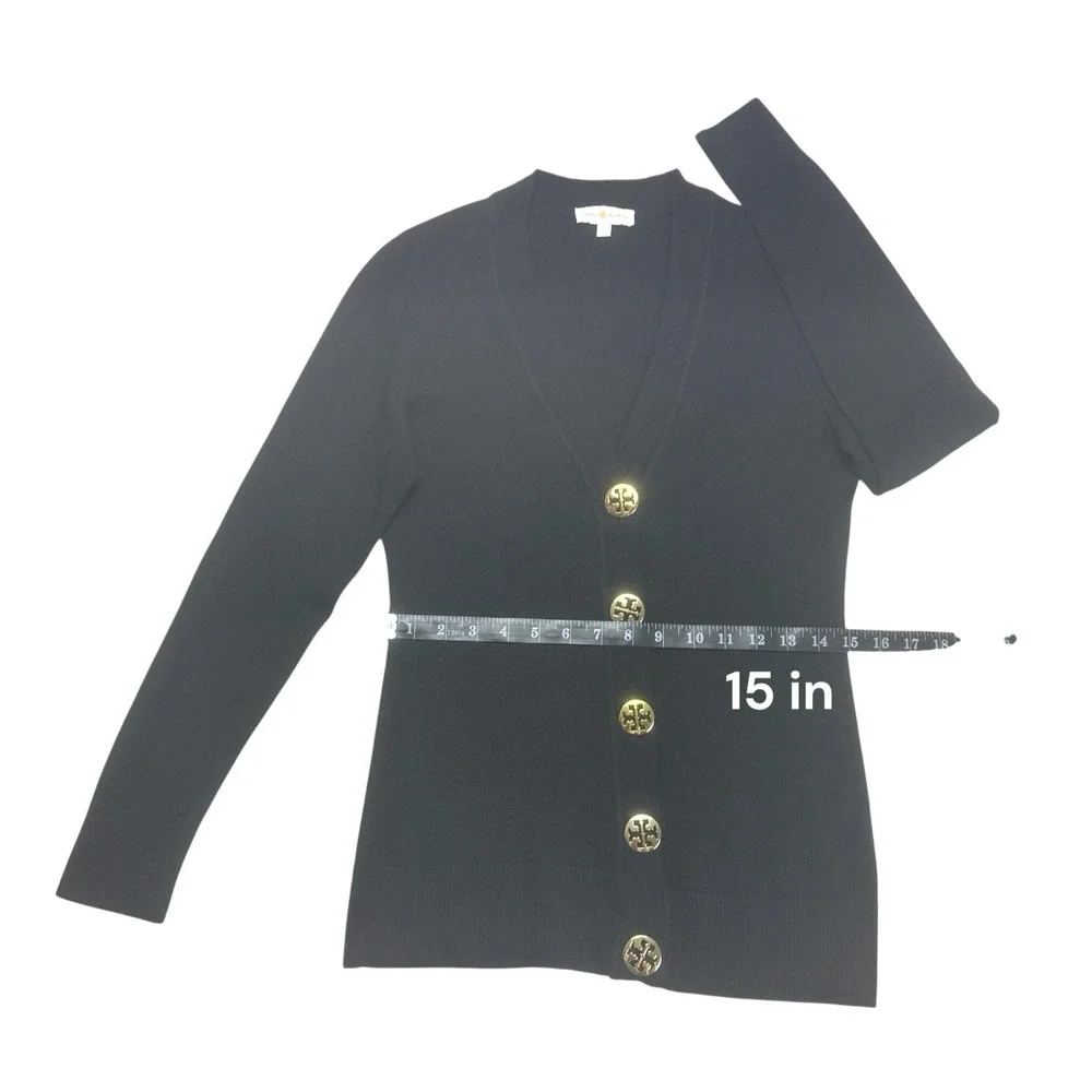 Tory Burch Simone Black Merino Wool Cardigan Sweater Gold Logo Buttons M